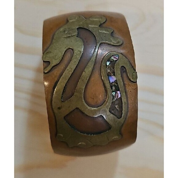 Vintage Handmade Seahorse Cuff Bracelet Copper Brass Abalone Shell Inlay Aztec - Picture 9 of 9